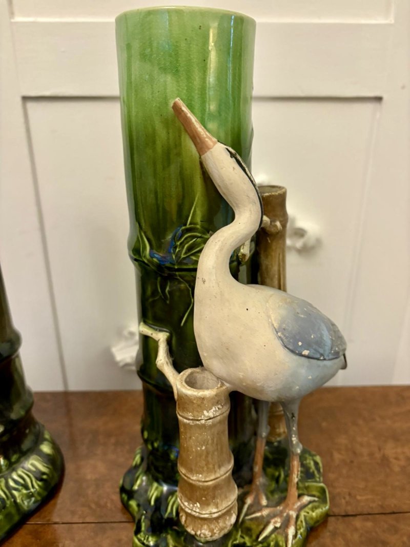 Antique Pair of Victorian Bretby Art Pottery Bamboo and Stork Vases - Image 7